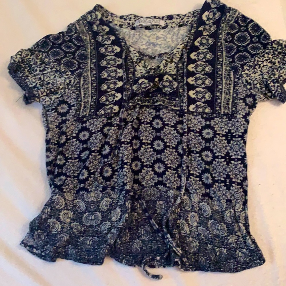 Blue and White Patterned Lace up Top